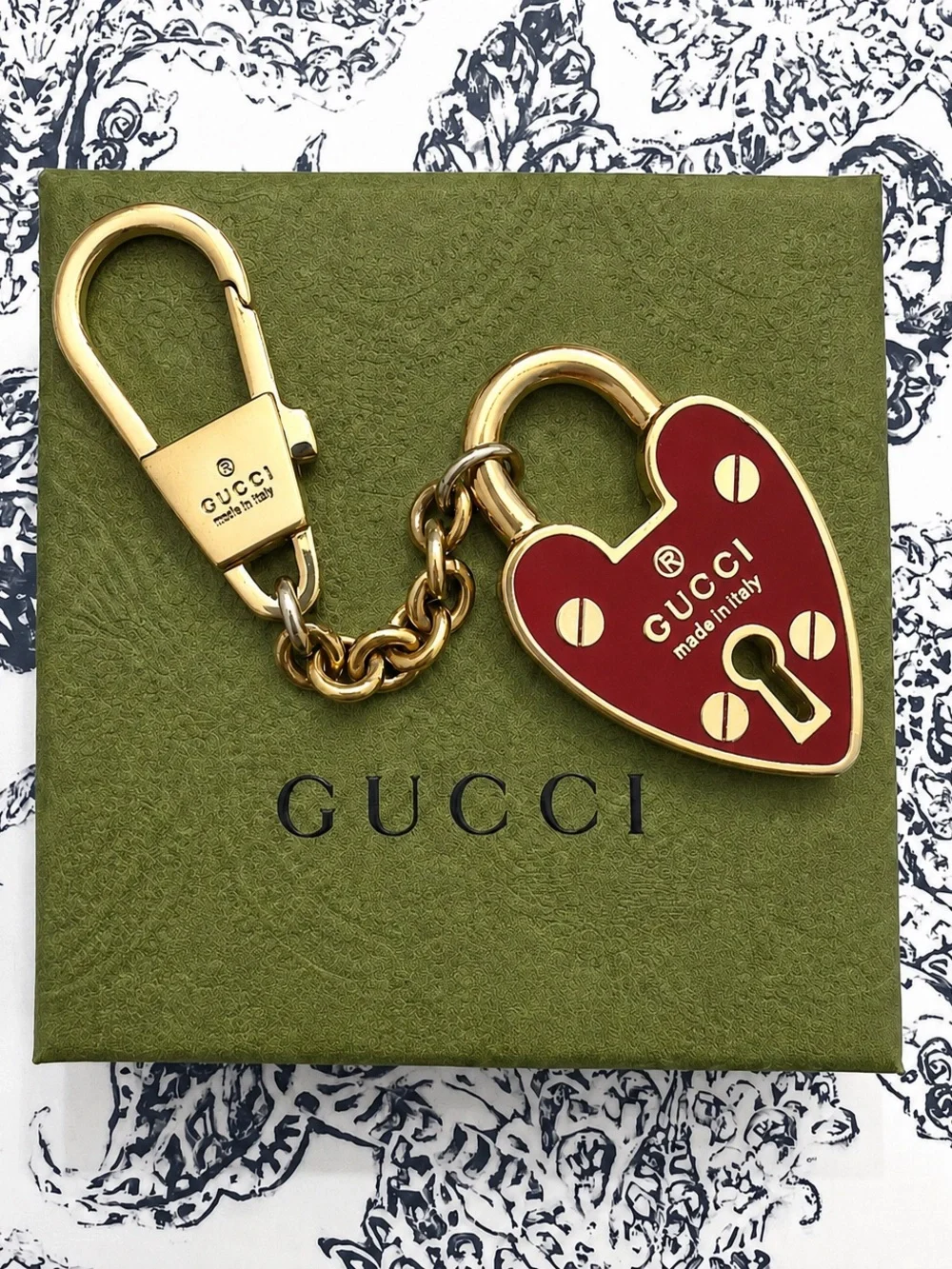 100% Authentic Gucci Red Enamel Heart Padlock Keychain / Bag Charm